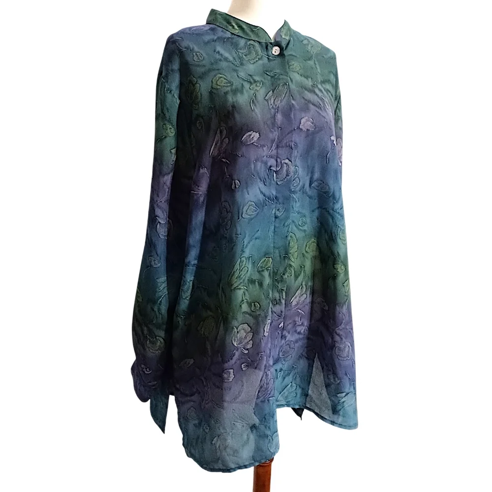 Dana‎ Taylor Woman Floral Blouse 1X Button Up Tunic Watercolor Feminine Romantic